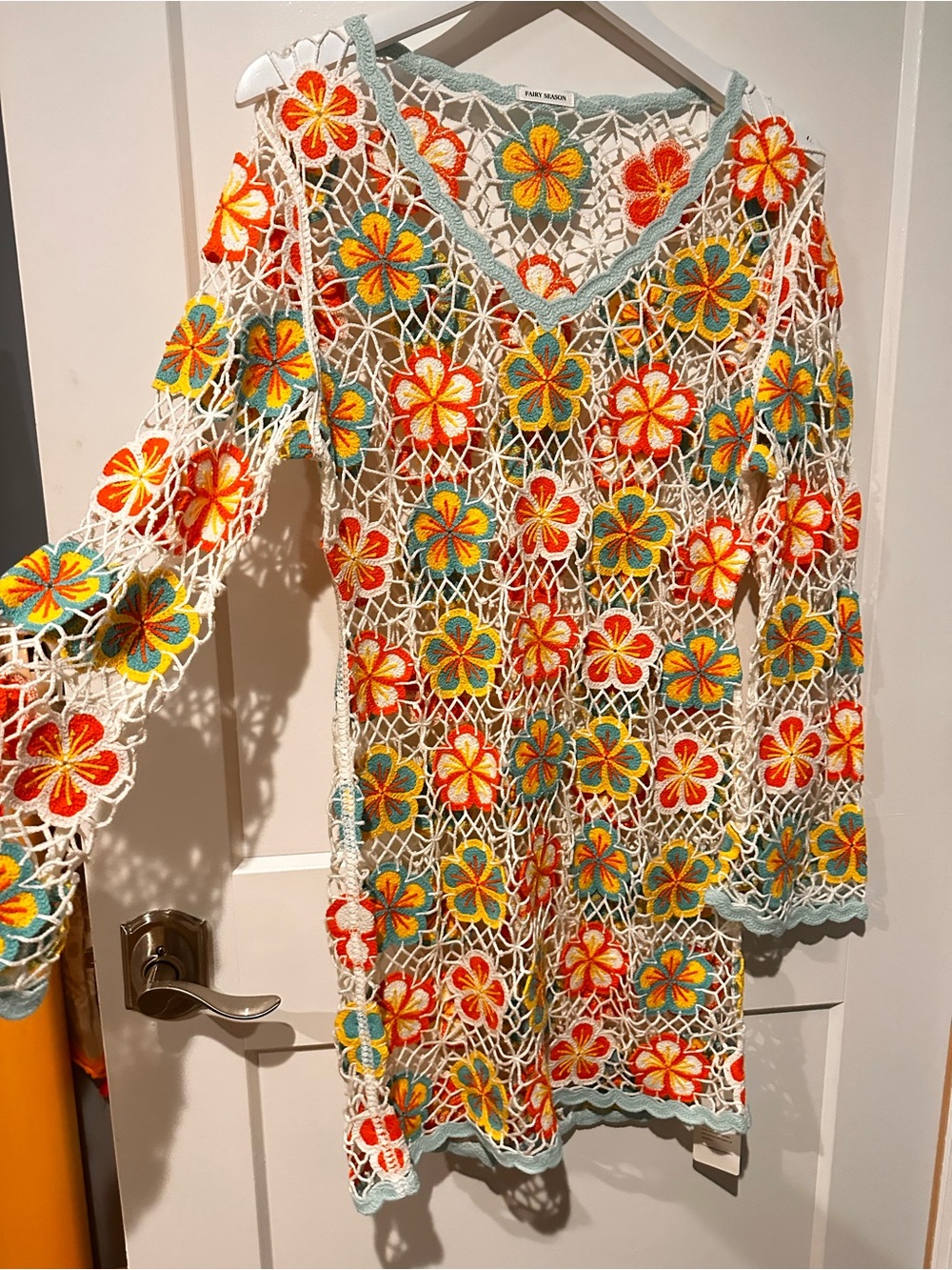 Fairy Season Floral Crochet Mesh Swim Cover-Up Tunic | Boho Beach Dress | Size L - Picture 2 of 7